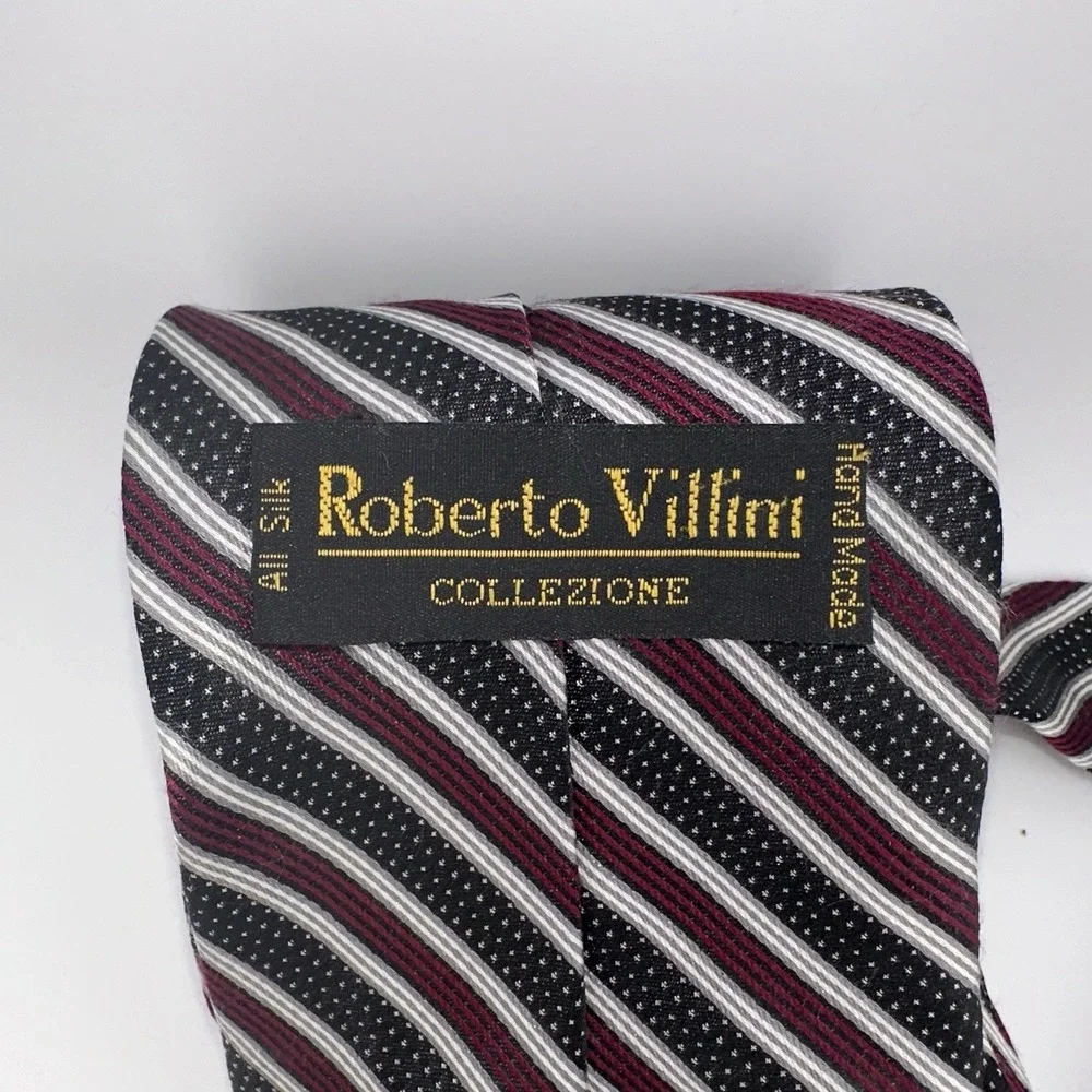 Roberto Villini Collezione Silk Tie Black Burgundy White Striped Handmade Italy